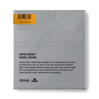 Dunlop Super Bright Nickel 40-120 Short Scale basson kielisetti takaa.