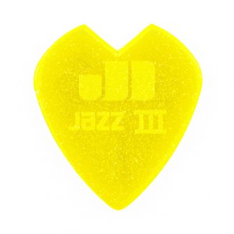 Dunlop Jazz III Kirk Hammett Yellow Sparkle -plektra takaa.