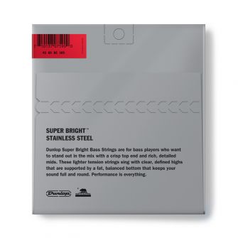 Dunlop Super Bright Steel 45-105 Medium Scalebasson kielisetti takaa.