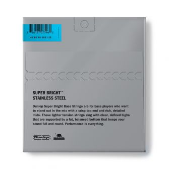 Dunlop Super Bright Steel 45-125 Short Scale basson kielipaketti takaa.
