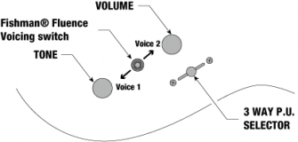 RG5121-DBF kontrollit: vole, tone, 3-asentoinen mikrofonikytkin sekä Fishman Fluence -mikrofonien moodivalinta.