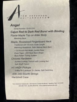 Tom Anderson Angel Red Cajun Burst speksilista.
